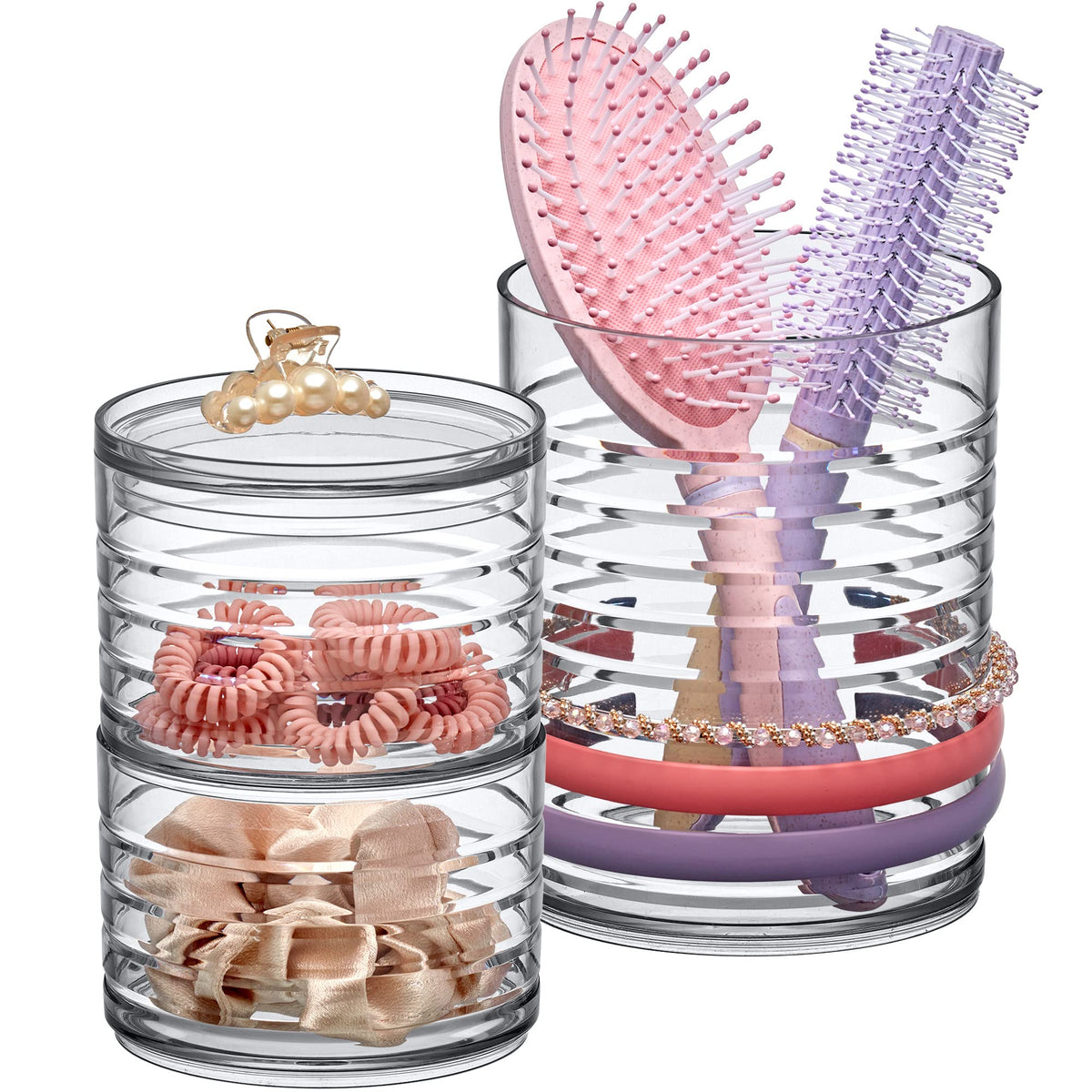 Amazing Abby Intrigue acrylic headband organizer keeps vanity tidy and accessible.
