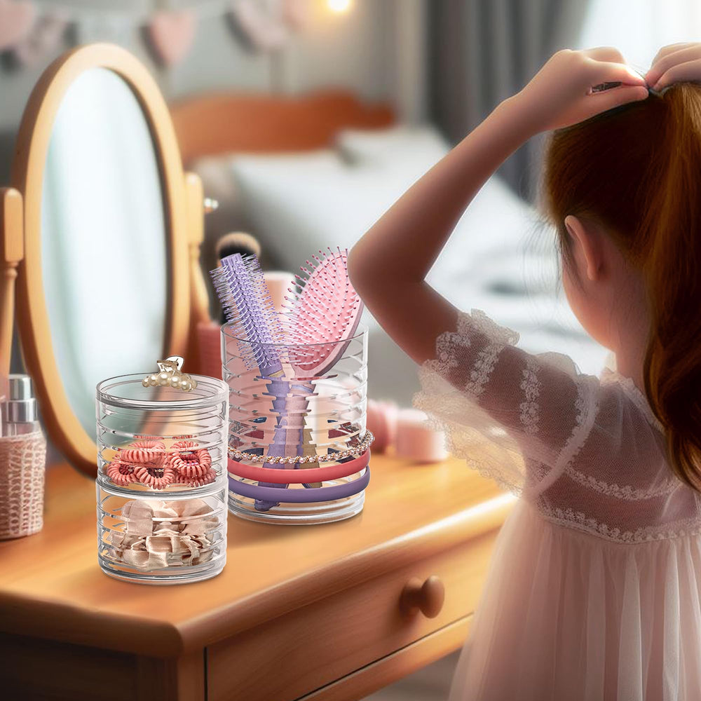 Amazing Abby Intrigue vanity storage stores accessories neatly on counters.