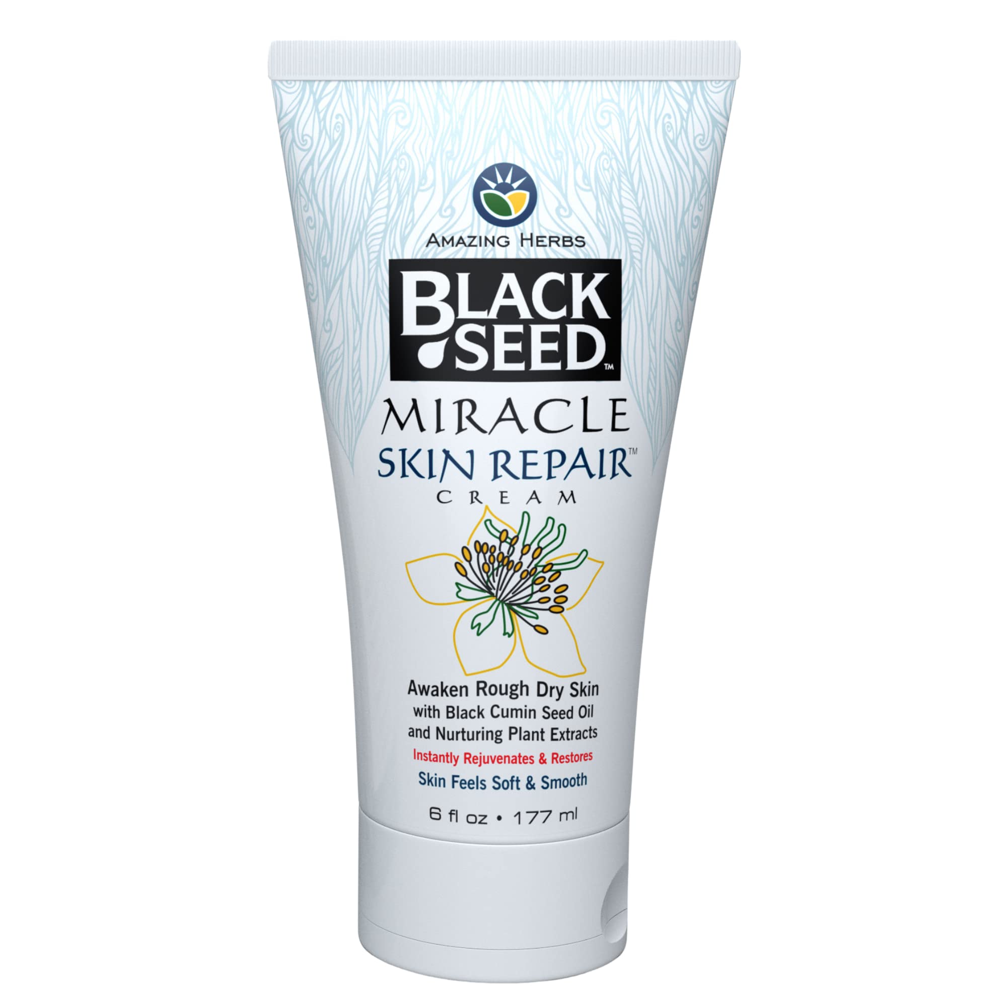 Amazing Herbs Black Seed Miracle Skin Cream bottle close-up for daily hydration and elasticity support.