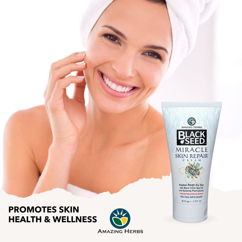 Amazing Herbs Black Seed Miracle Skin Cream packaging shows 6 oz size for daily use.