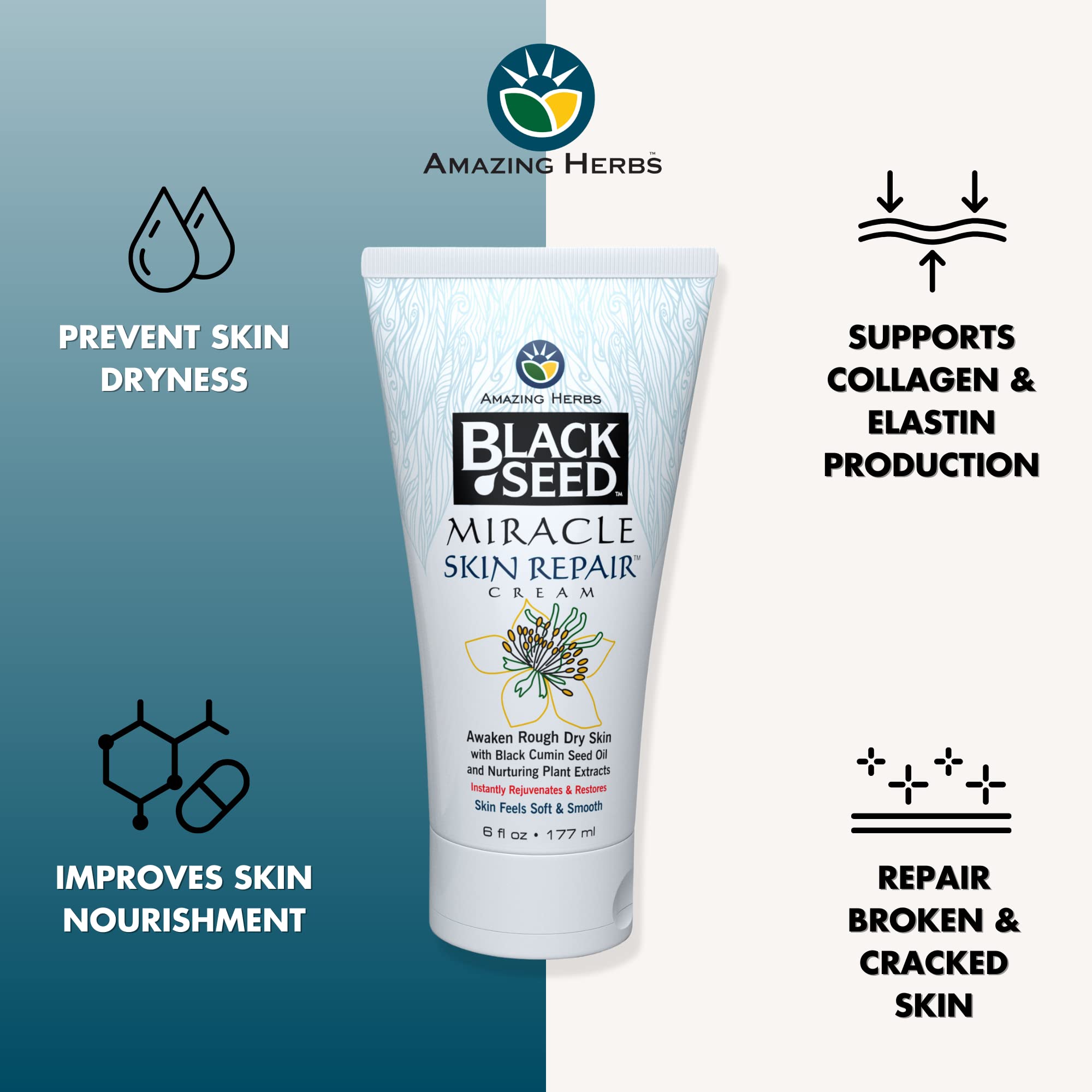 Amazing Herbs Black Seed Miracle Skin Cream texture close-up for nourishing dryness and smoothness.