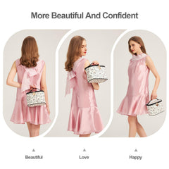 AmBealla cosmetic bag features a side pocket for lipstick and small accessories.