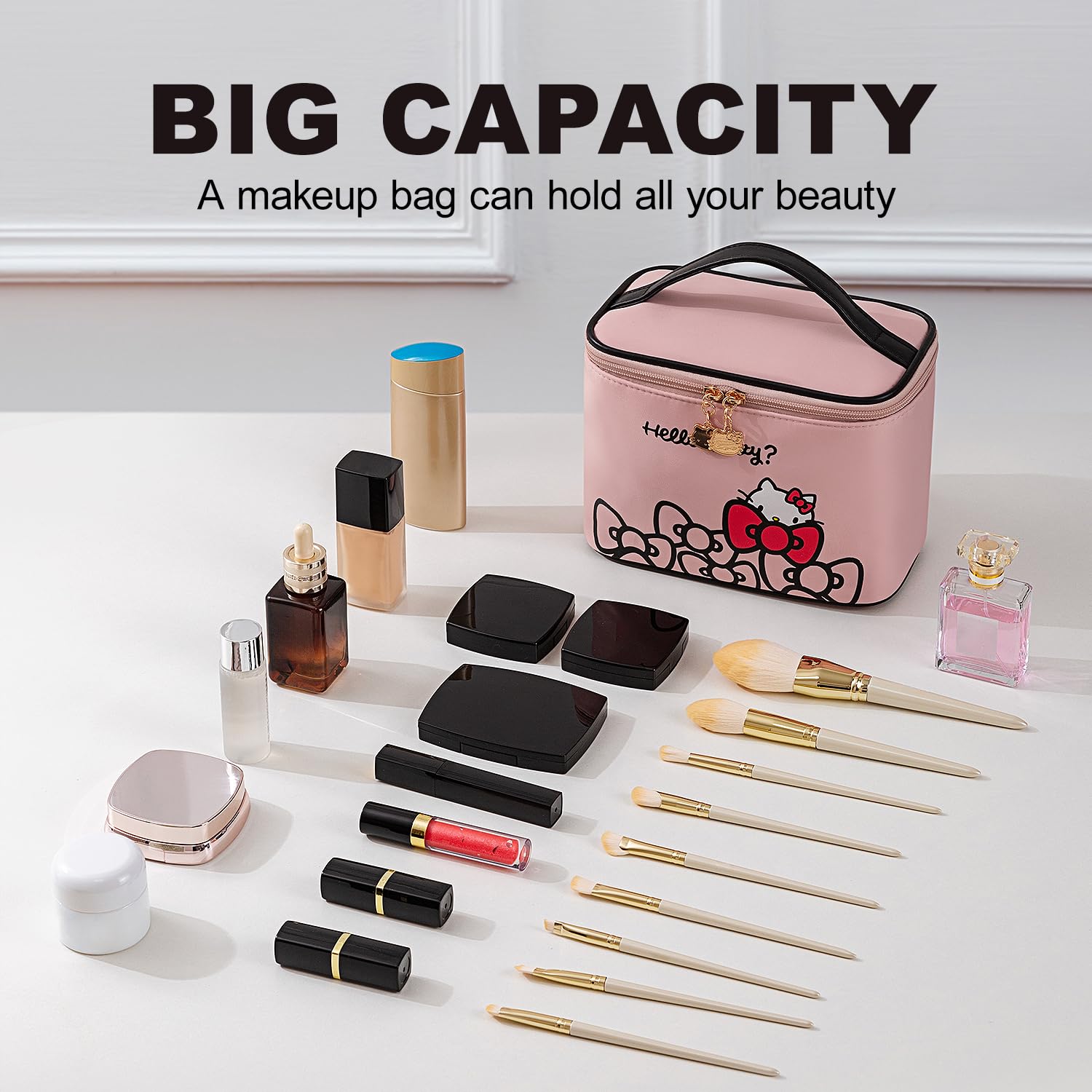AmBealla makeup bag brush holder compartment keeps brushes clean and ready