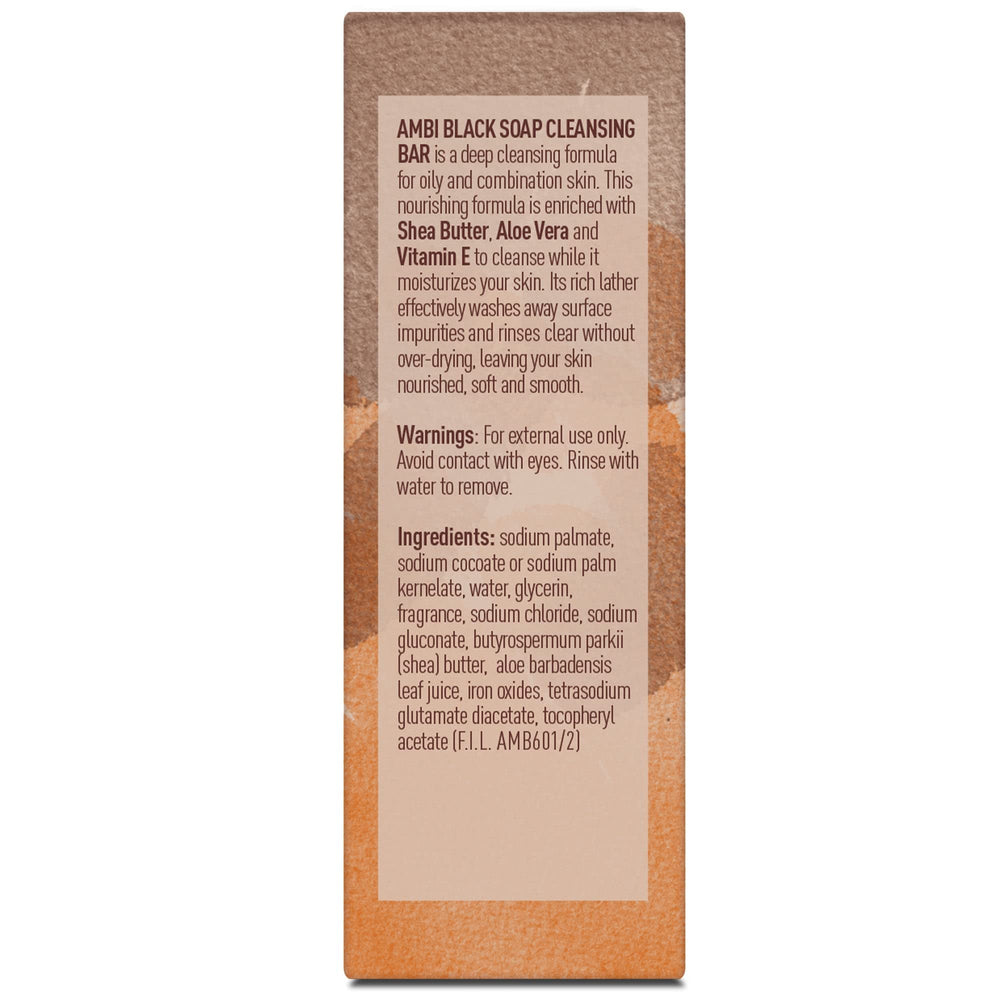Ambi black soap ingredients highlight shea butter and vitamin E for nourishing cleanse.