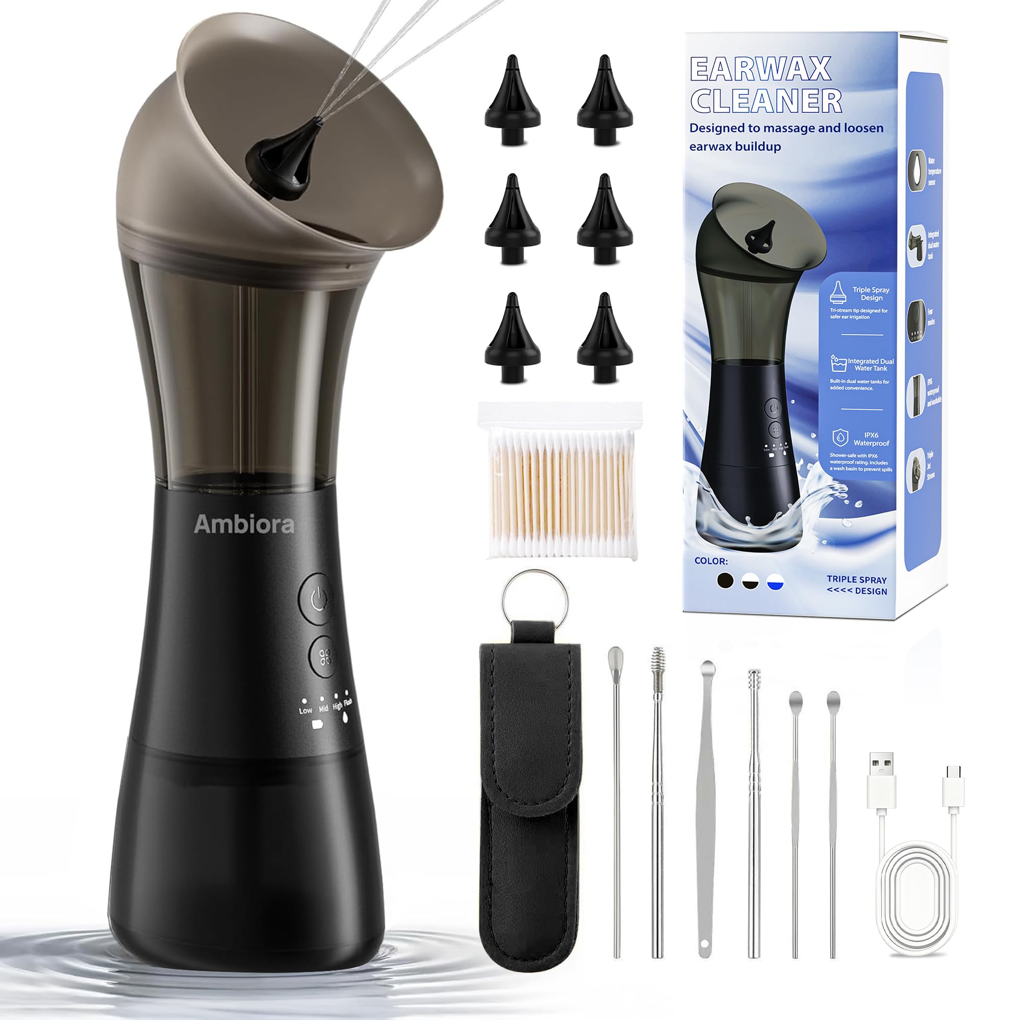 AMBIORA ear wax removal with one-piece waste tank for mess-free use