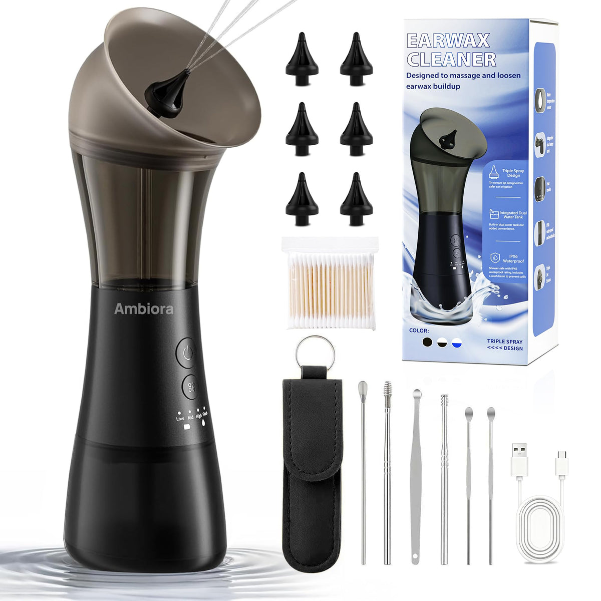 AMBIORA ear wax removal with one-piece waste tank for mess-free use