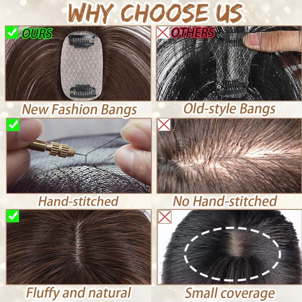 Amchoice 3D wispy bangs closeup demonstrates seamless integration with real hair.