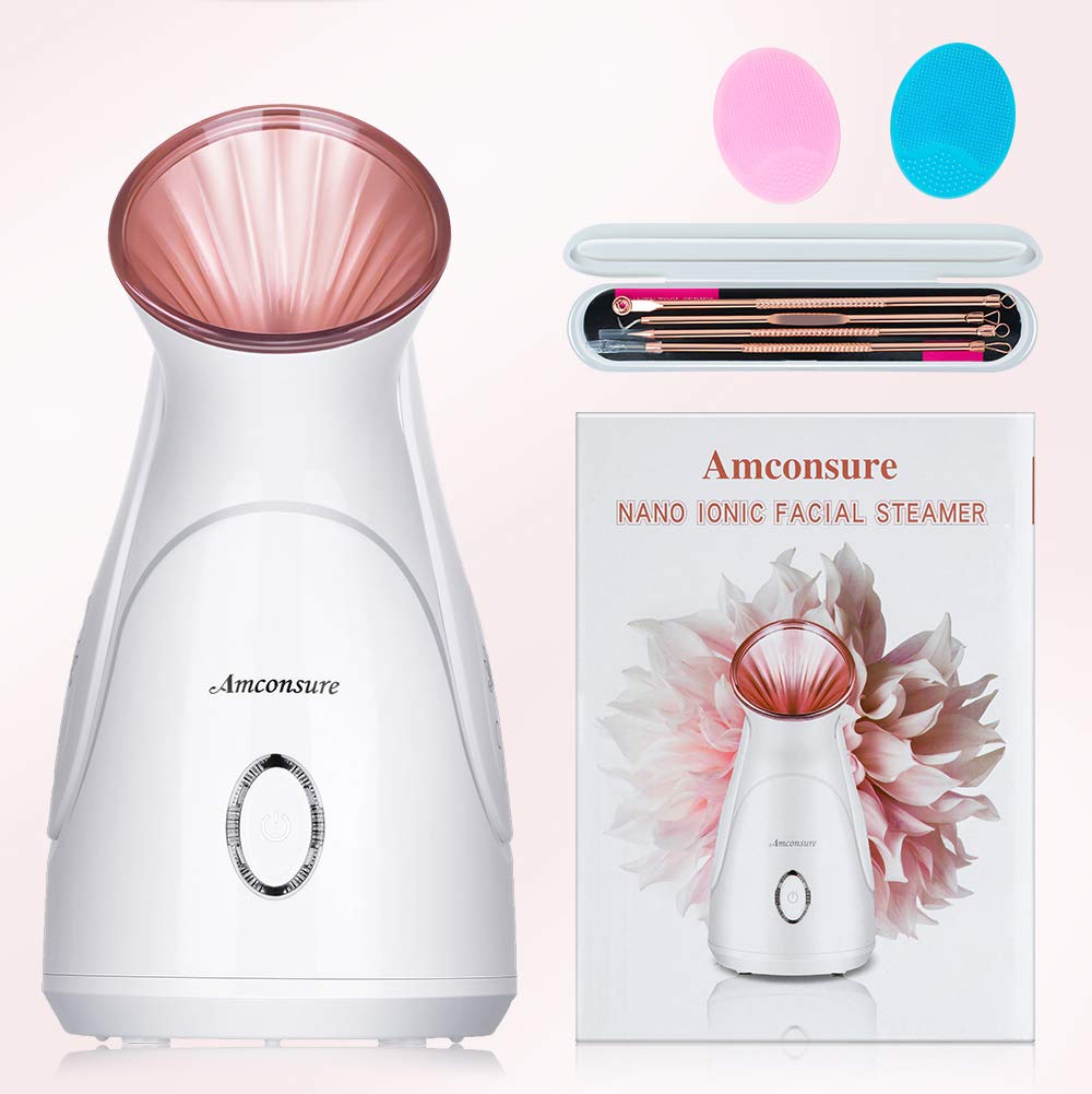 Amconsure facial steamer in use on vanity for relaxation and routine