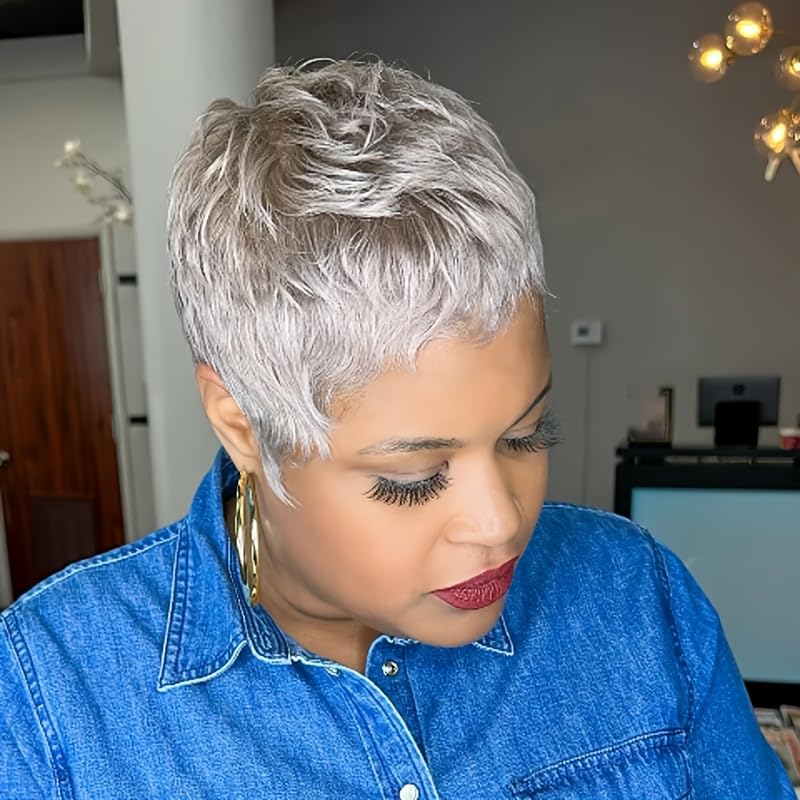 Amecire Grey Pixie Cut Wig bangs front view for natural-looking daily wear.