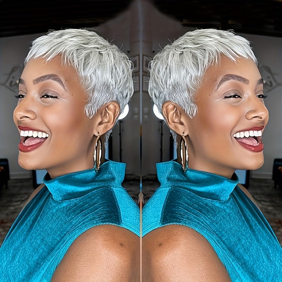 Amecire Grey Pixie Cut Wig front view, soft Brazilian hair with realistic texture.