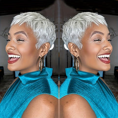 Amecire Grey Pixie Cut Wig front view, soft Brazilian hair with realistic texture.