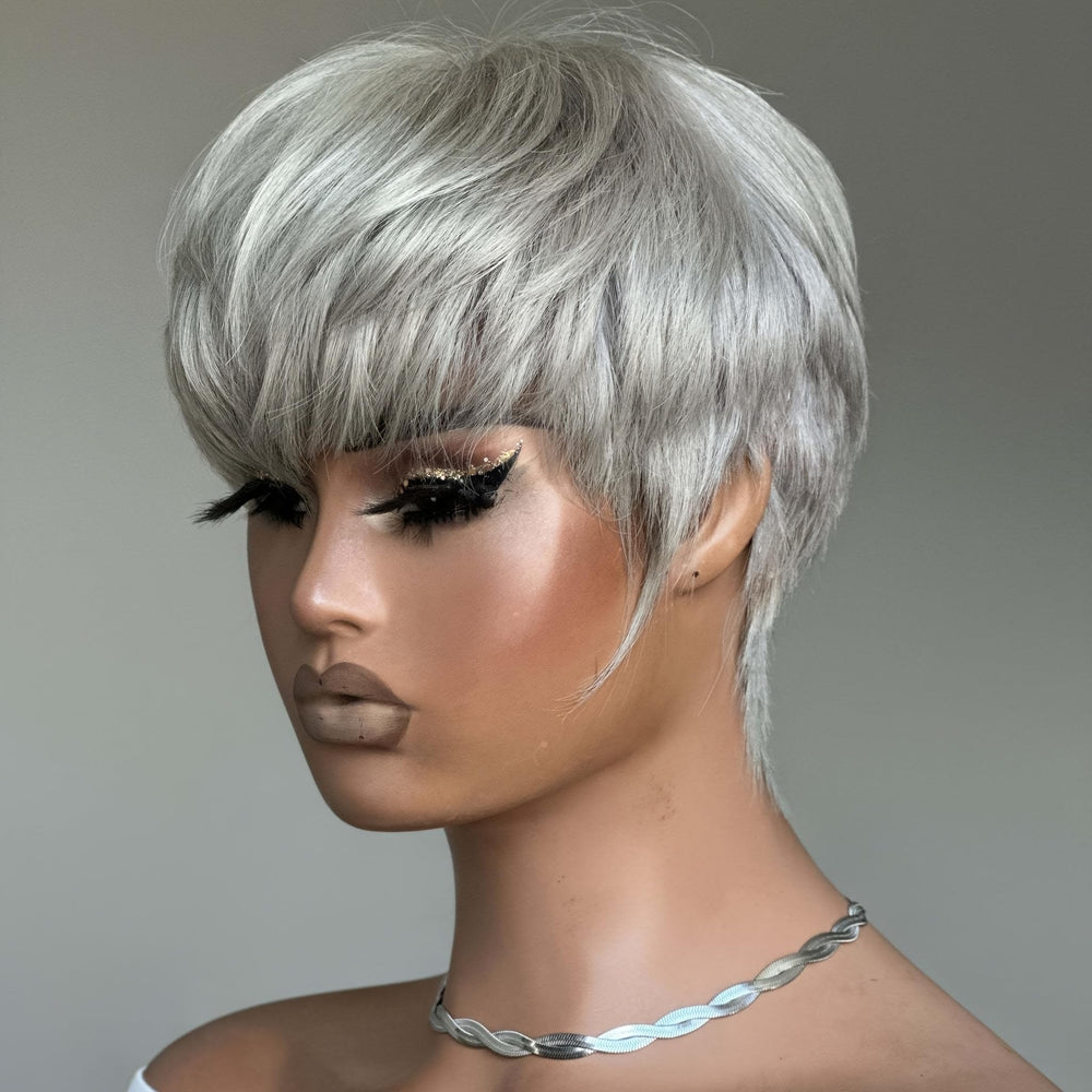 Amecire Grey Pixie Cut Wig soft-hair closeup, premium feel for confident styling.