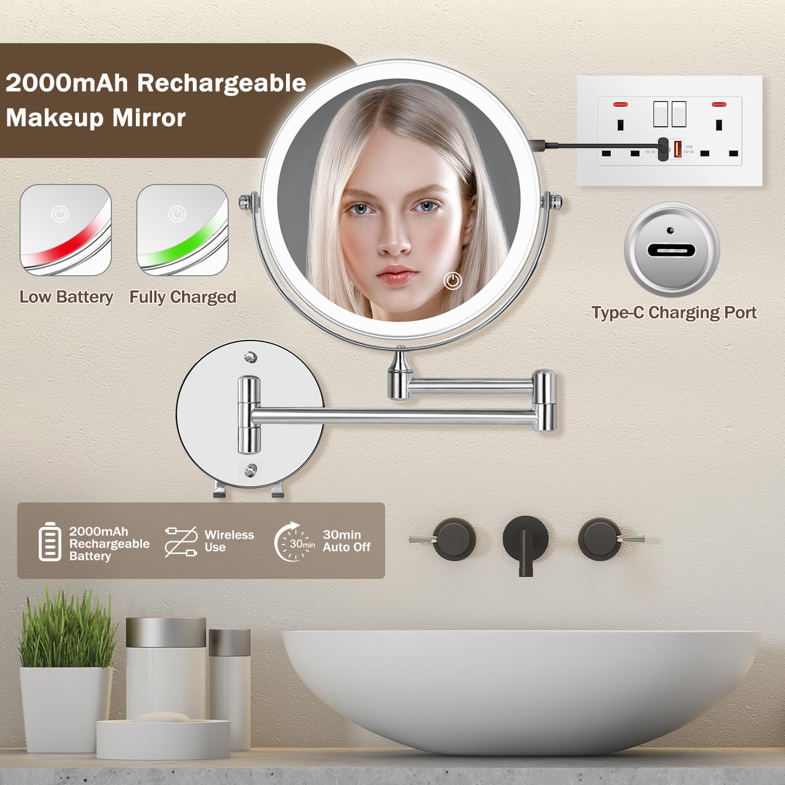 Amelar USB-rechargeable mirror with built-in battery for cord-free vanity routines.