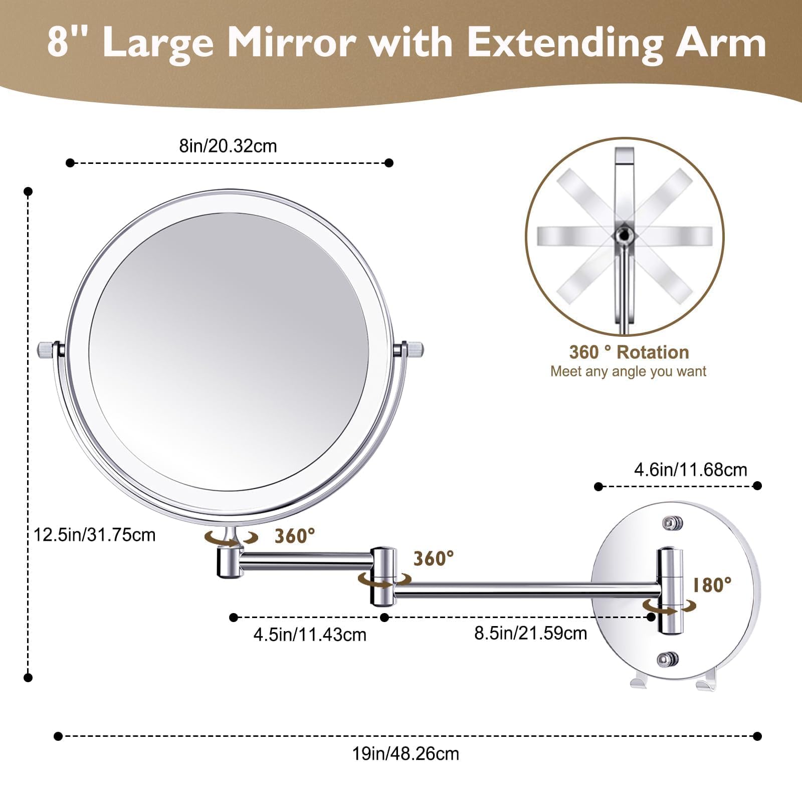 Amelar 15x magnifying side helps detailed skincare and eyeliner precision.