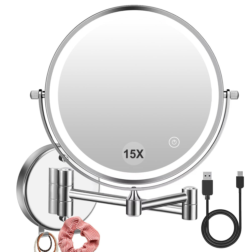 Amelar wall-mounted LED makeup mirror, 8-inch double-sided for precise everyday makeup.