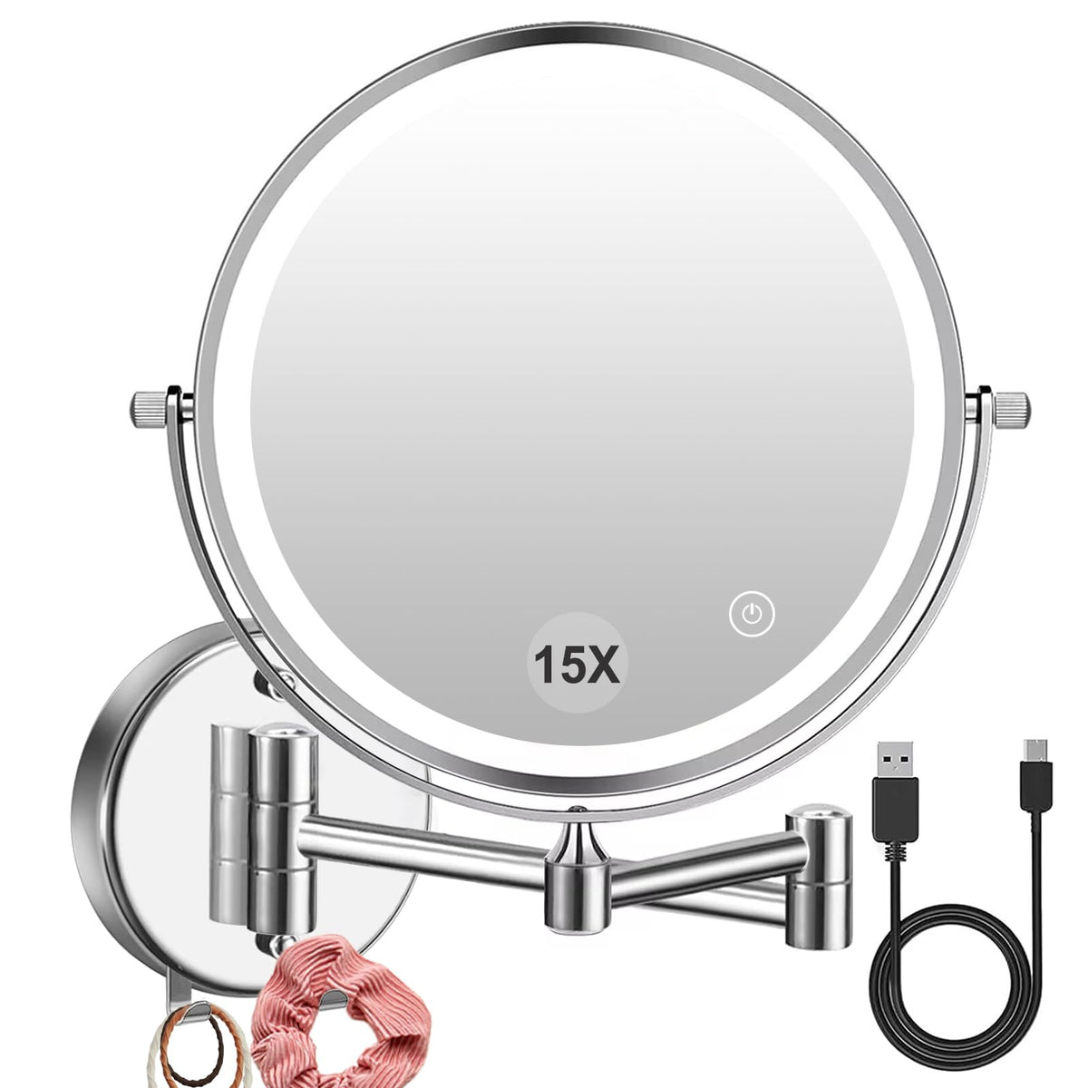 Amelar wall-mounted LED makeup mirror, 8-inch double-sided for precise everyday makeup.