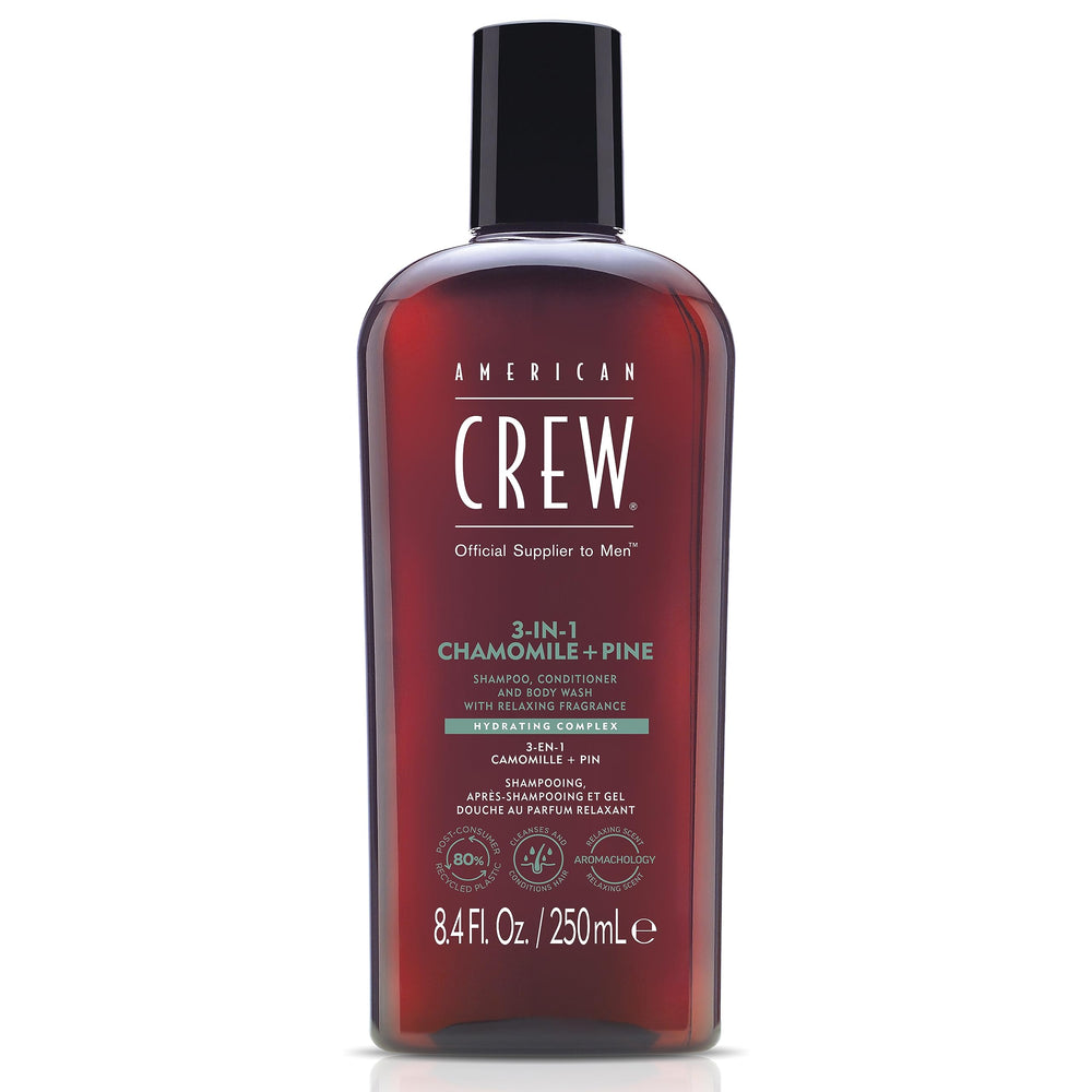 AMERICAN CREW 3-in-1 chamomile pine bottle highlights convenient all-in-one grooming benefits