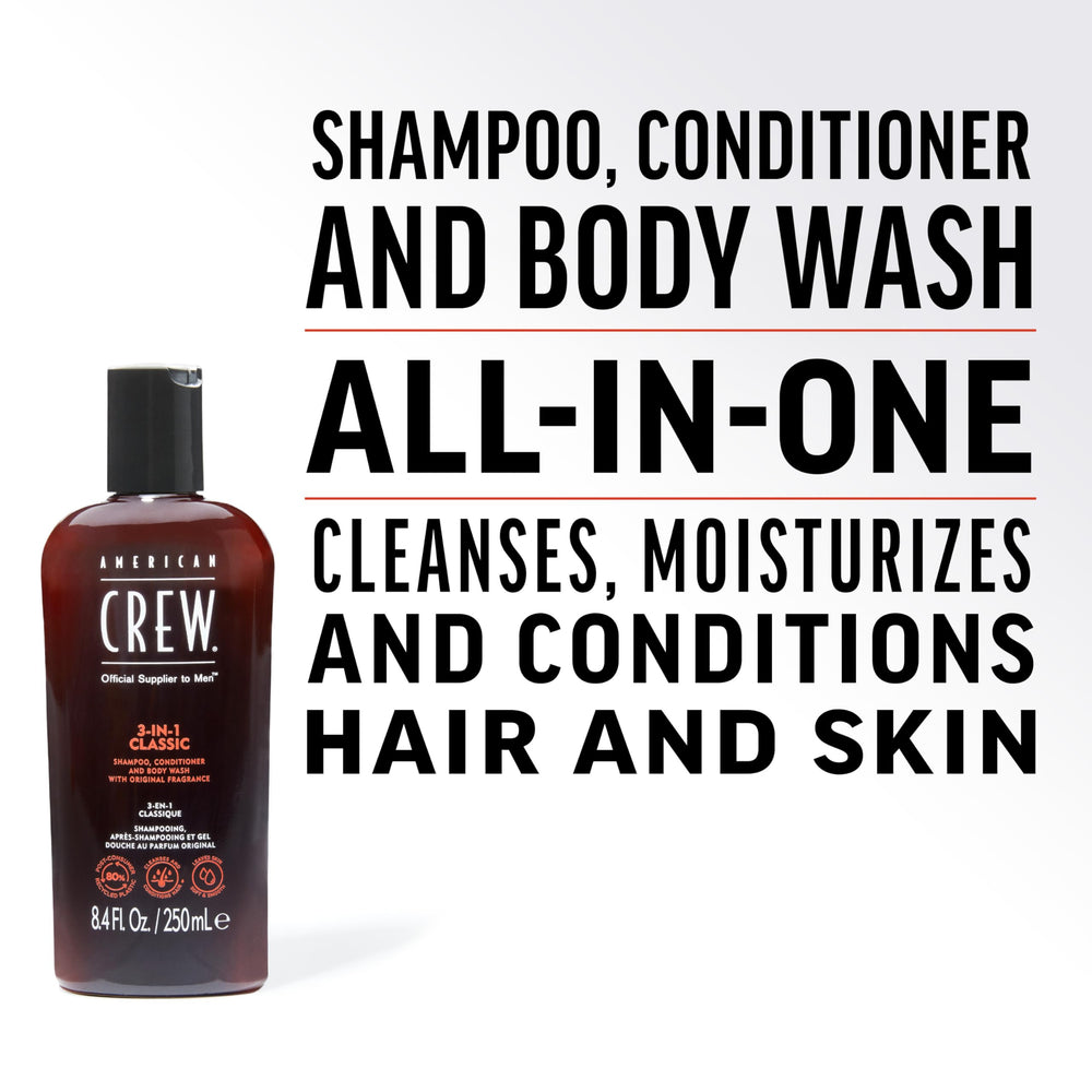 American Crew 3-in-1 label close-up shows multi-use formula for grooming.