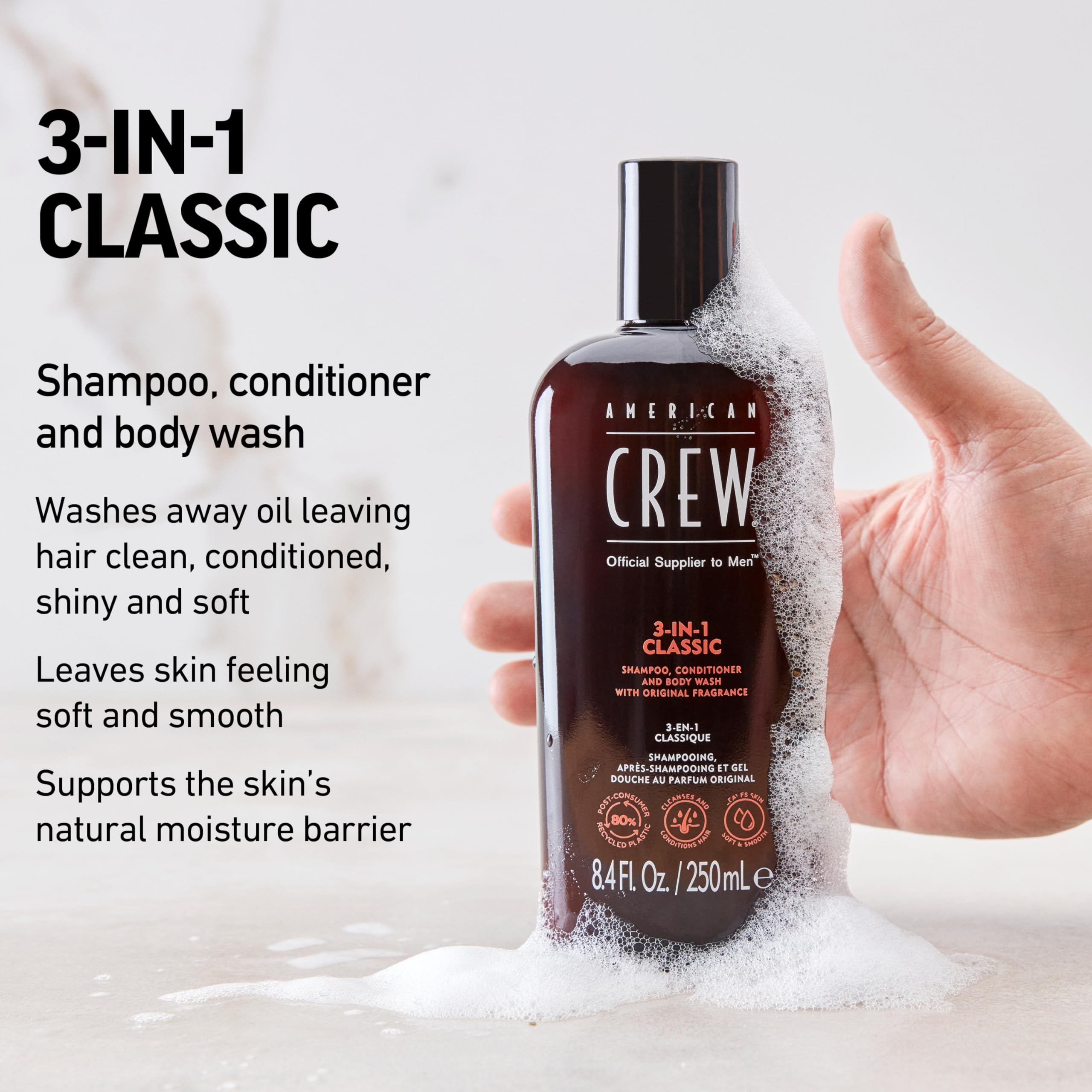 American Crew 3-in-1 lather scene illustrating detangling and hair hydration benefits.