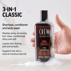 American Crew 3-in-1 lather scene illustrating detangling and hair hydration benefits.