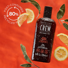American Crew 3-in-1 in shower scene highlighting body wash for refreshed skin.