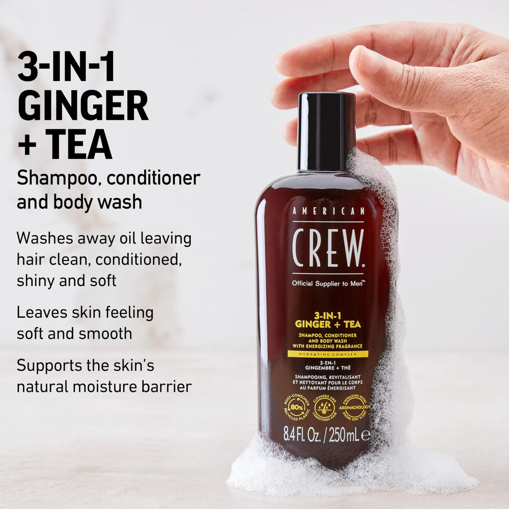 American Crew 3-in-1 Ginger & Tea body wash applied to skin for revitalizing cleanse.