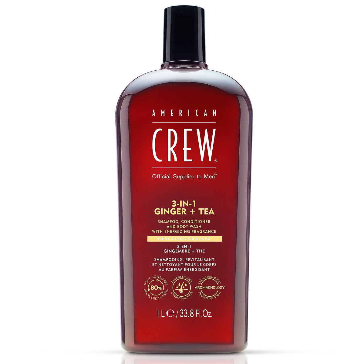 American Crew 3-in-1 Ginger & Tea bottle with refreshing fragrance for hair and skin.