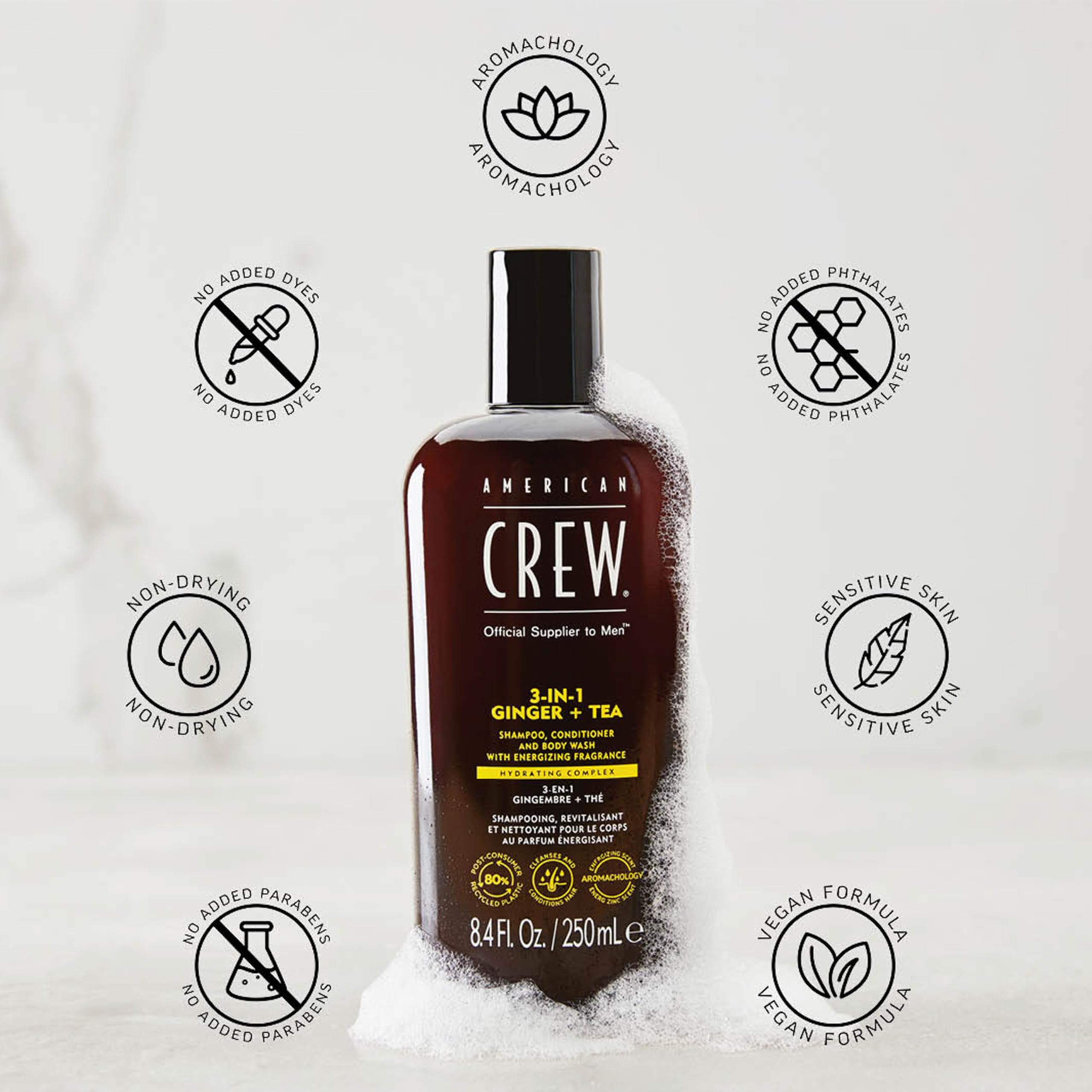 American Crew 3-in-1 Ginger & Tea skin cleanse finish for smooth skin.