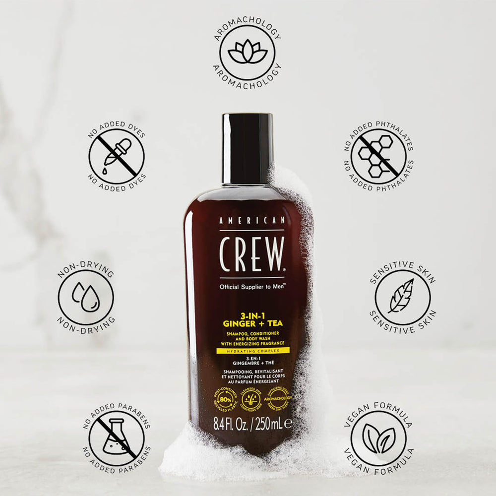 American Crew 3-in-1 Ginger & Tea skin cleanse finish for smooth skin.