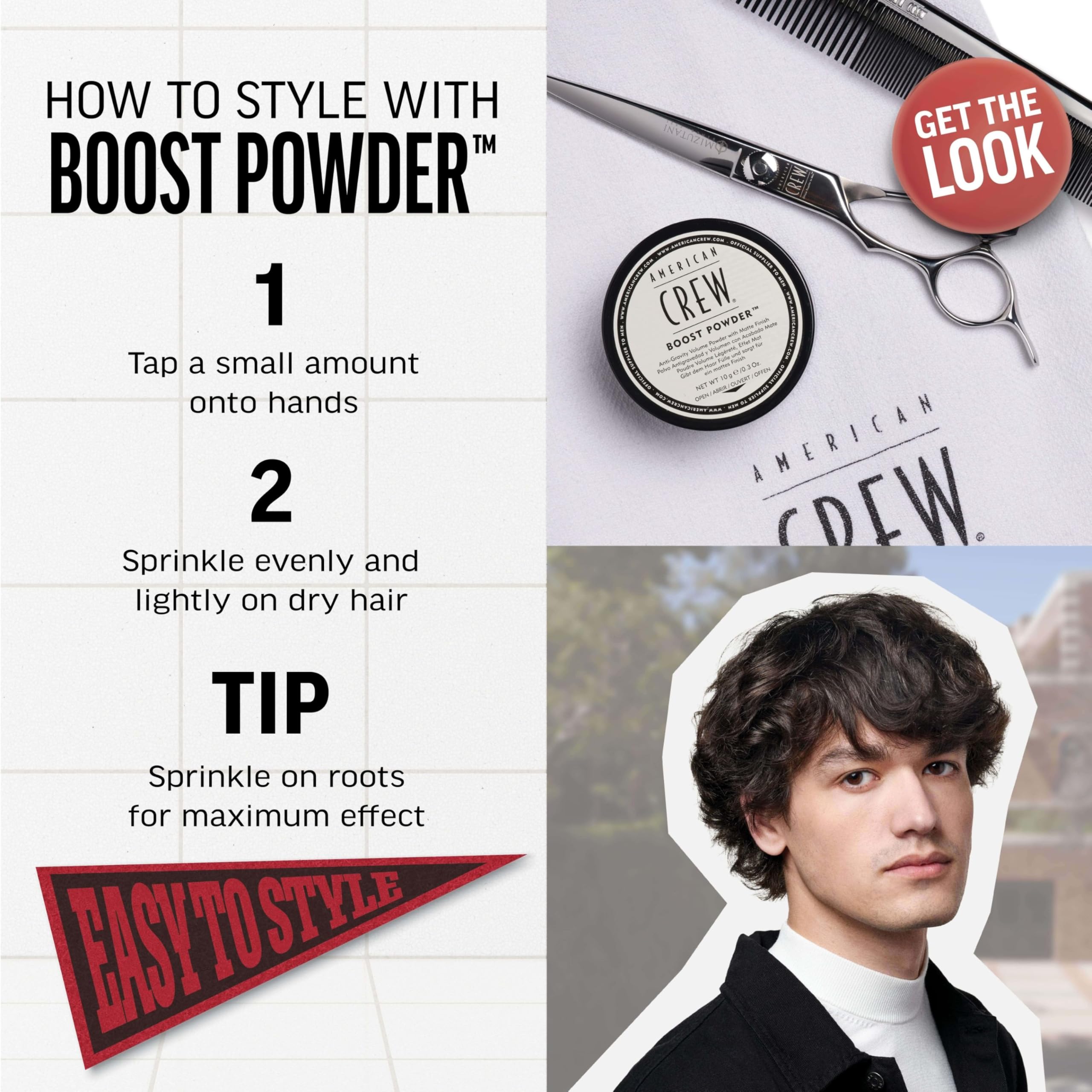 American Crew Boost Powder flexible-hold texture delivers lift without stiffness