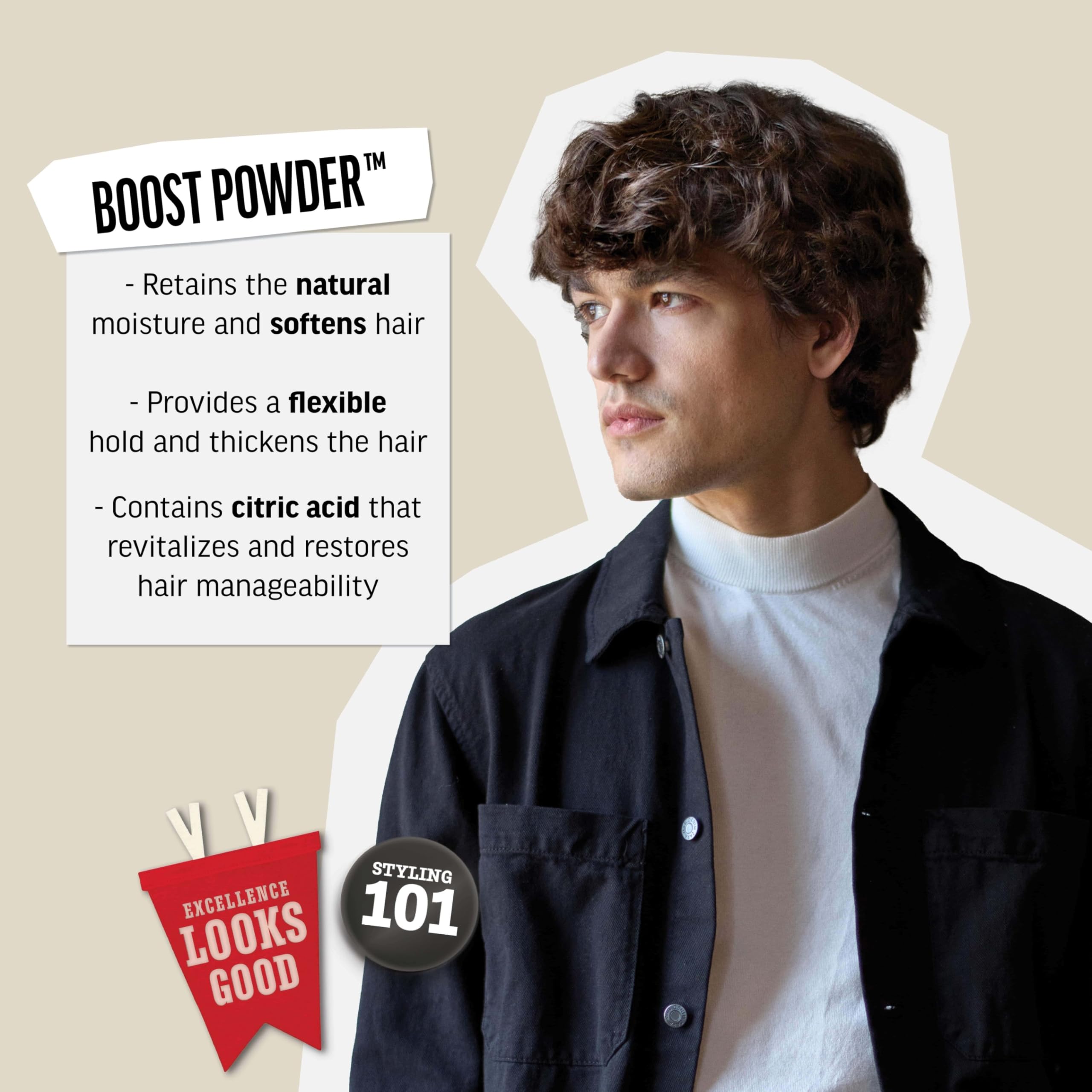 American Crew Boost Powder matte finish highlights a natural-seeming no-shine look at the roots