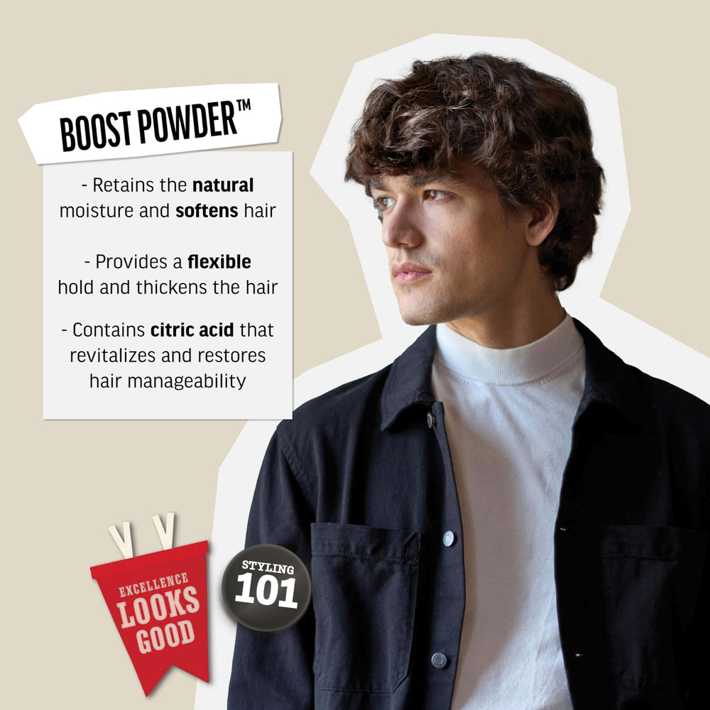 American Crew Boost Powder matte finish highlights a natural-seeming no-shine look at the roots