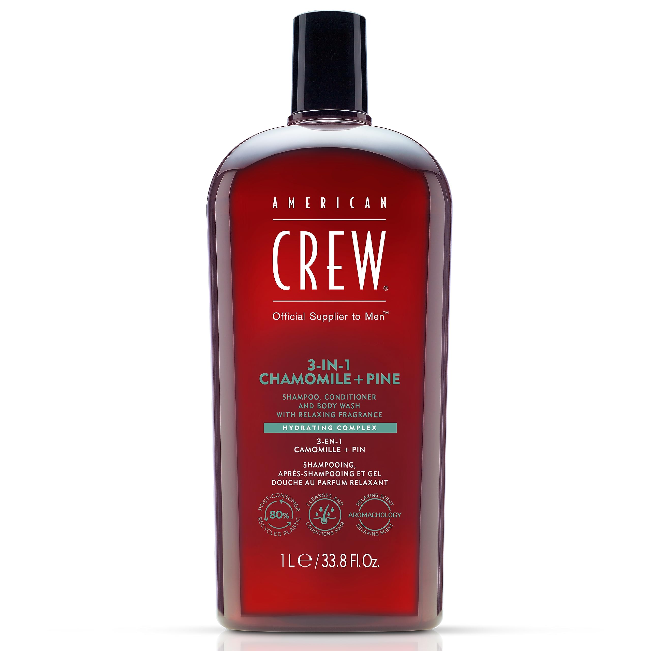 American Crew chamomile-pine 3in1 bottle offers convenient grooming for hair and skin.