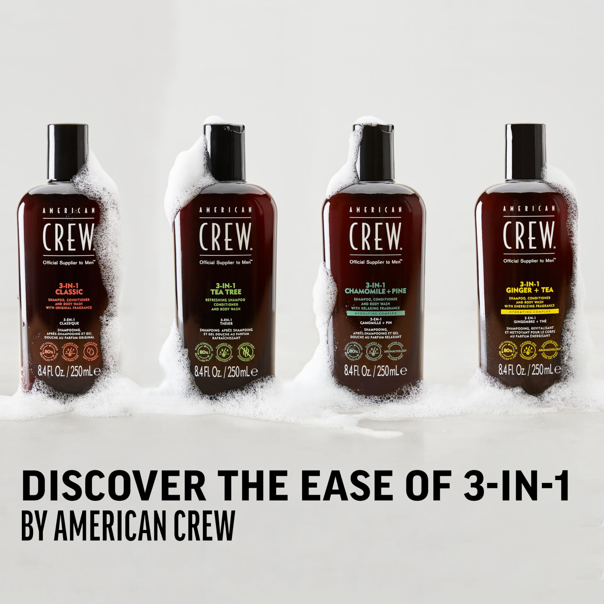 American Crew chamomile-pine grooming routine image conveys streamlined care for busy mornings.
