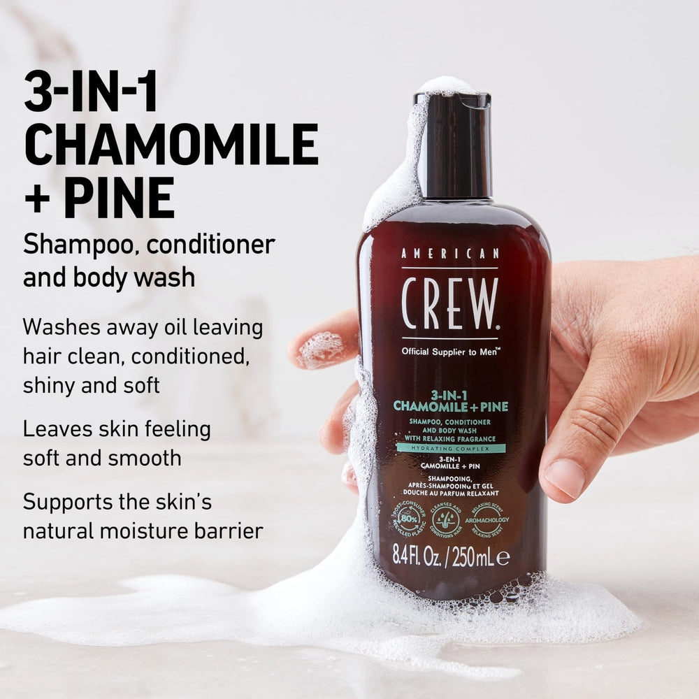 American Crew chamomile-pine lather closeup shows creamy foam that cleanses and conditions.