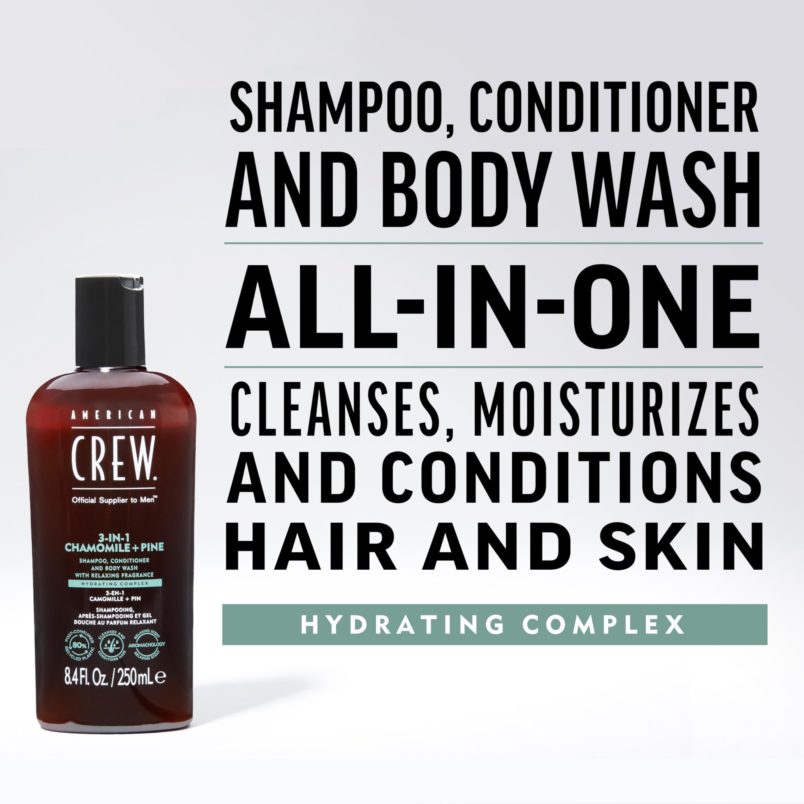 American Crew chamomile-pine packshot highlights an all-in-one solution for simplifying shower routines.