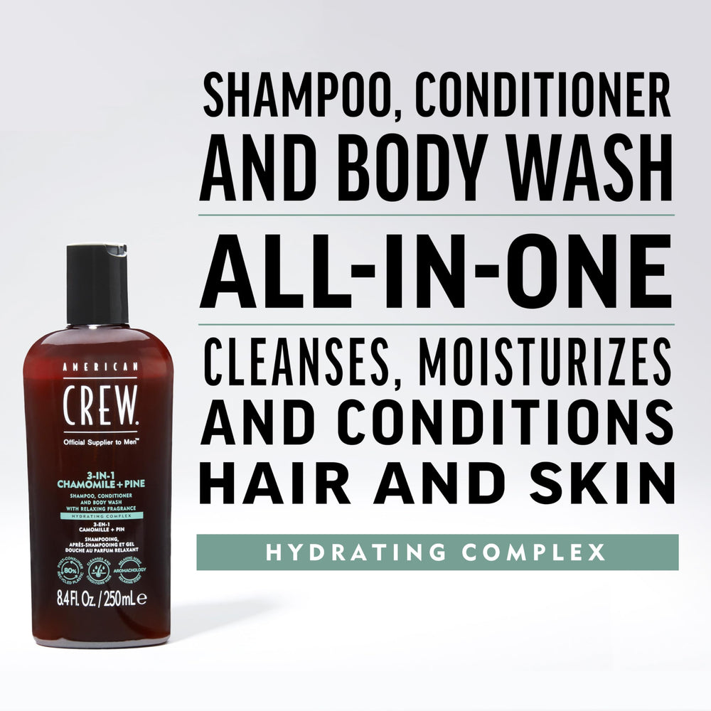 American Crew chamomile-pine packshot highlights an all-in-one solution for simplifying shower routines.