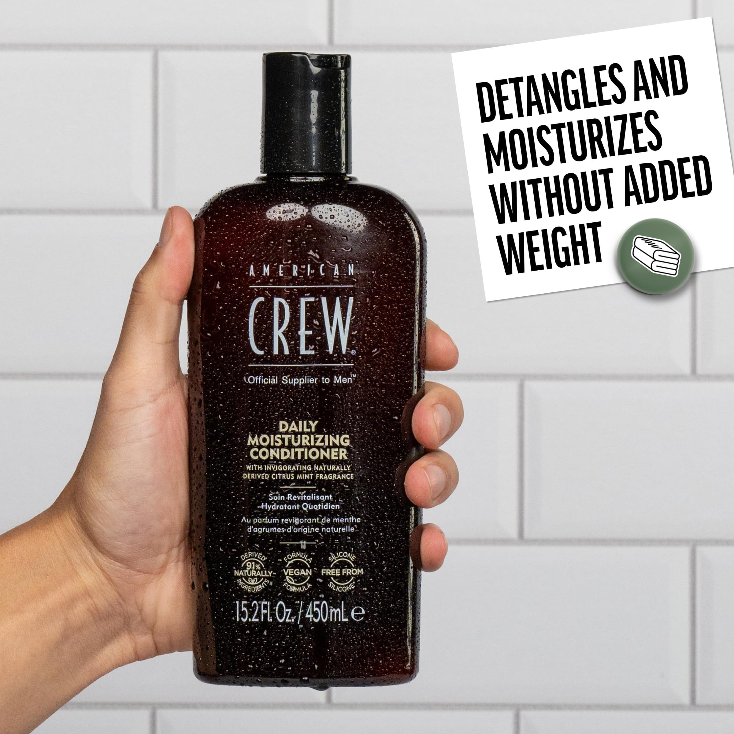 American Crew vegan silicone-free conditioner tube highlights detangling and lightweight moisture.