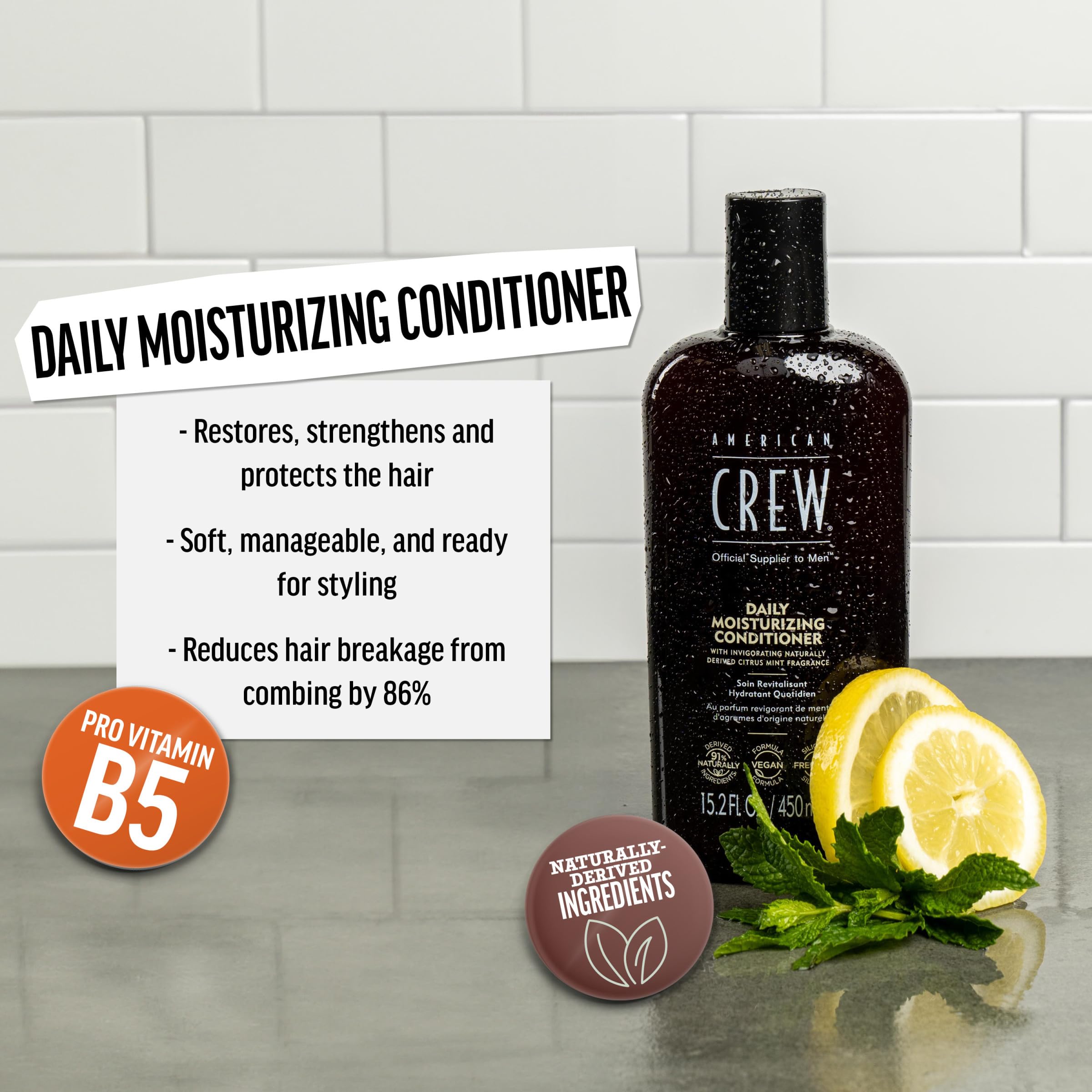 American Crew conditioner close-up pour highlights Citrus Mint fragrance for refreshing grooming ritual.
