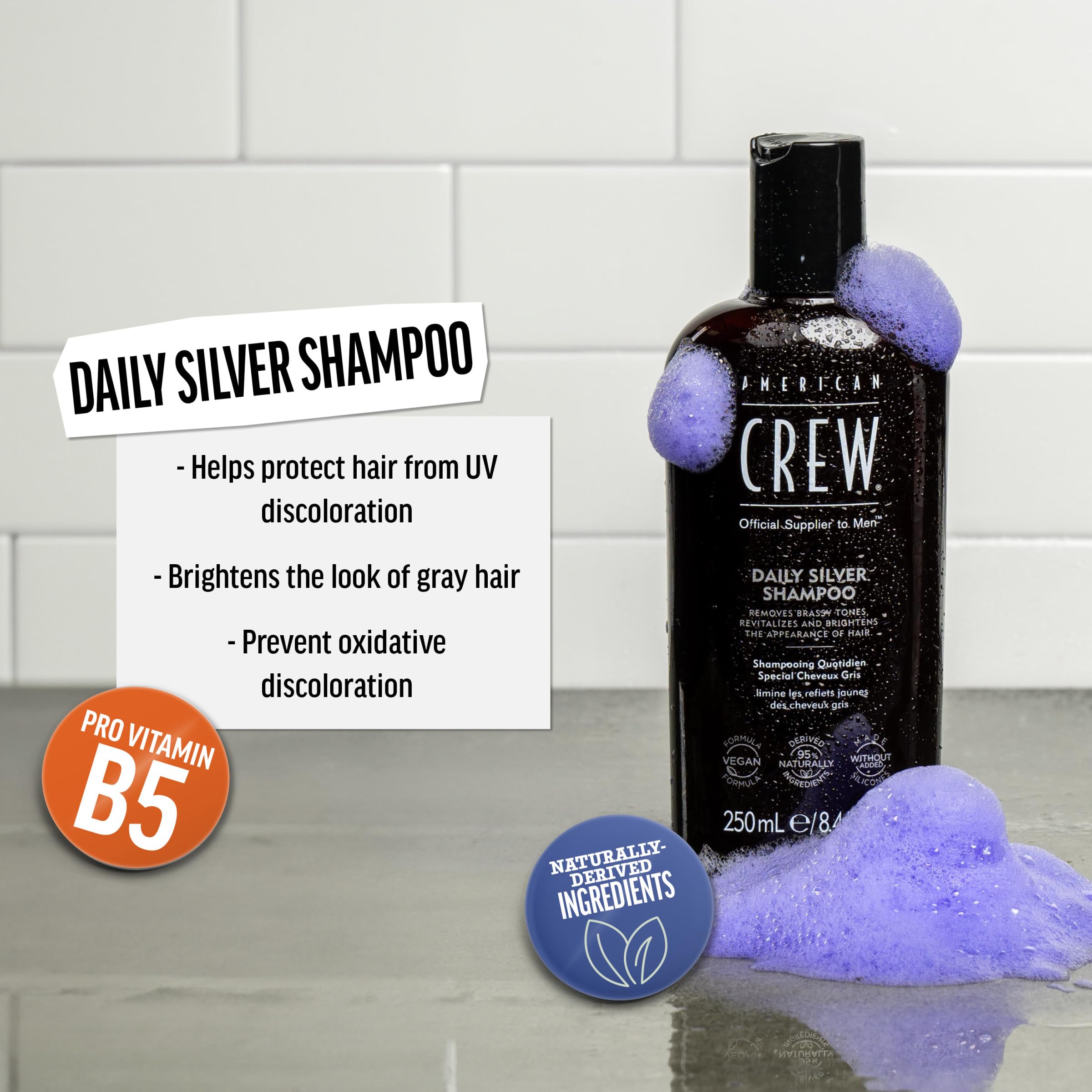 American Crew Daily Silver shampoo lathers through hair to smooth and soften gray strands.