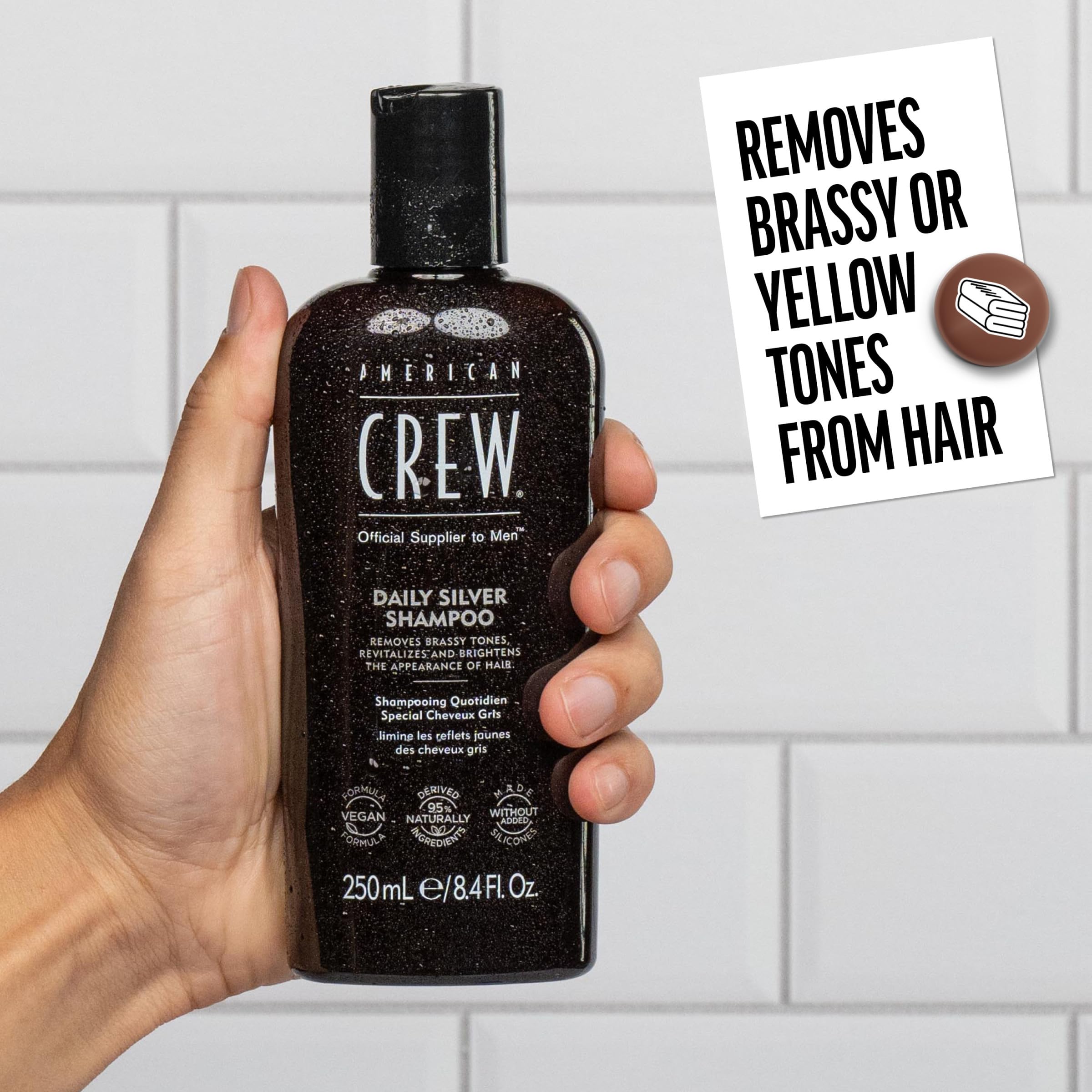 American Crew Daily Silver packaging highlights a naturally derived vegan formula.