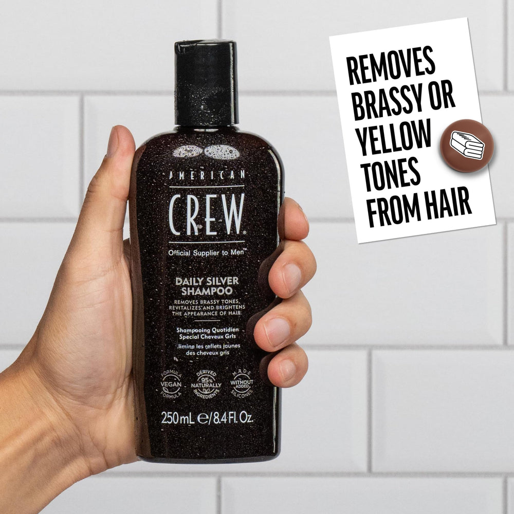 American Crew Daily Silver packaging highlights a naturally derived vegan formula.