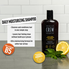 American Crew Deep Moisturizing Shampoo bottle side view highlights vegan formula benefits.