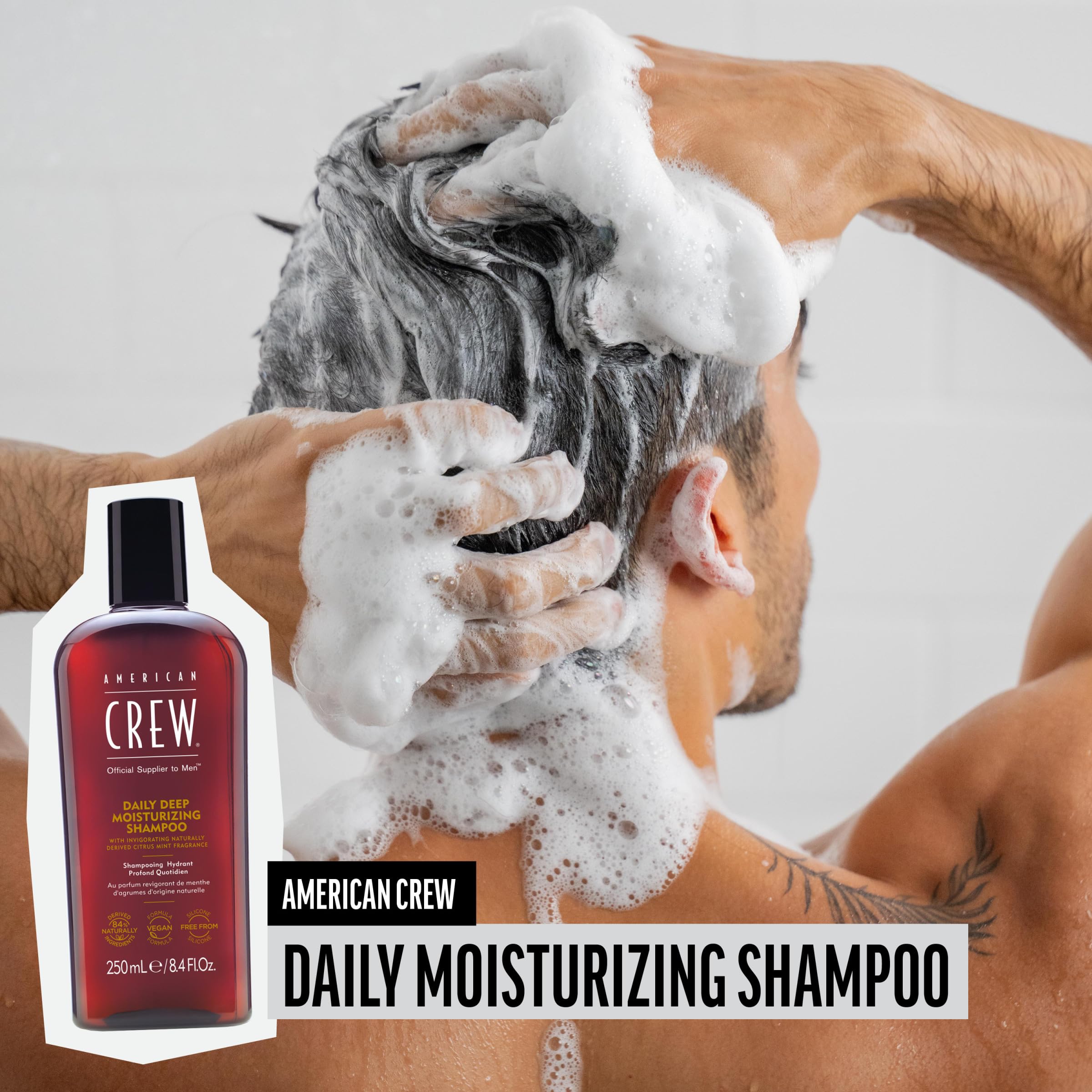 American Crew Deep Moisturizing Shampoo lather close-up showing rich conditioning.