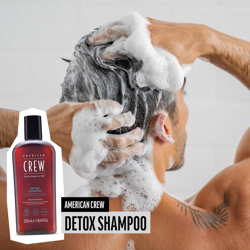 American Crew Detox Shampoo highlights Manicouagan clay for lightweight detox and cleansing