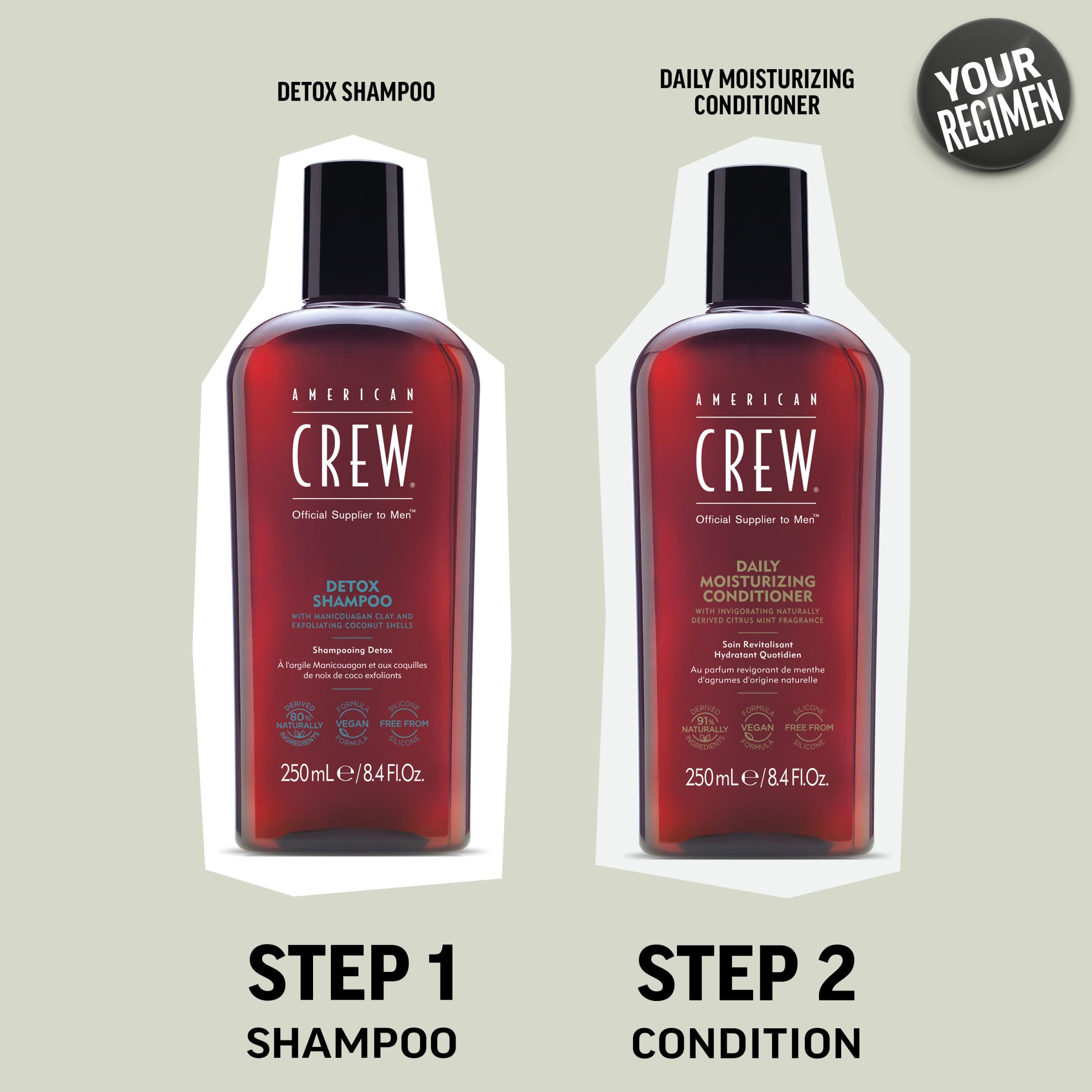 American Crew Detox Shampoo in a shower scene suggests everyday usability