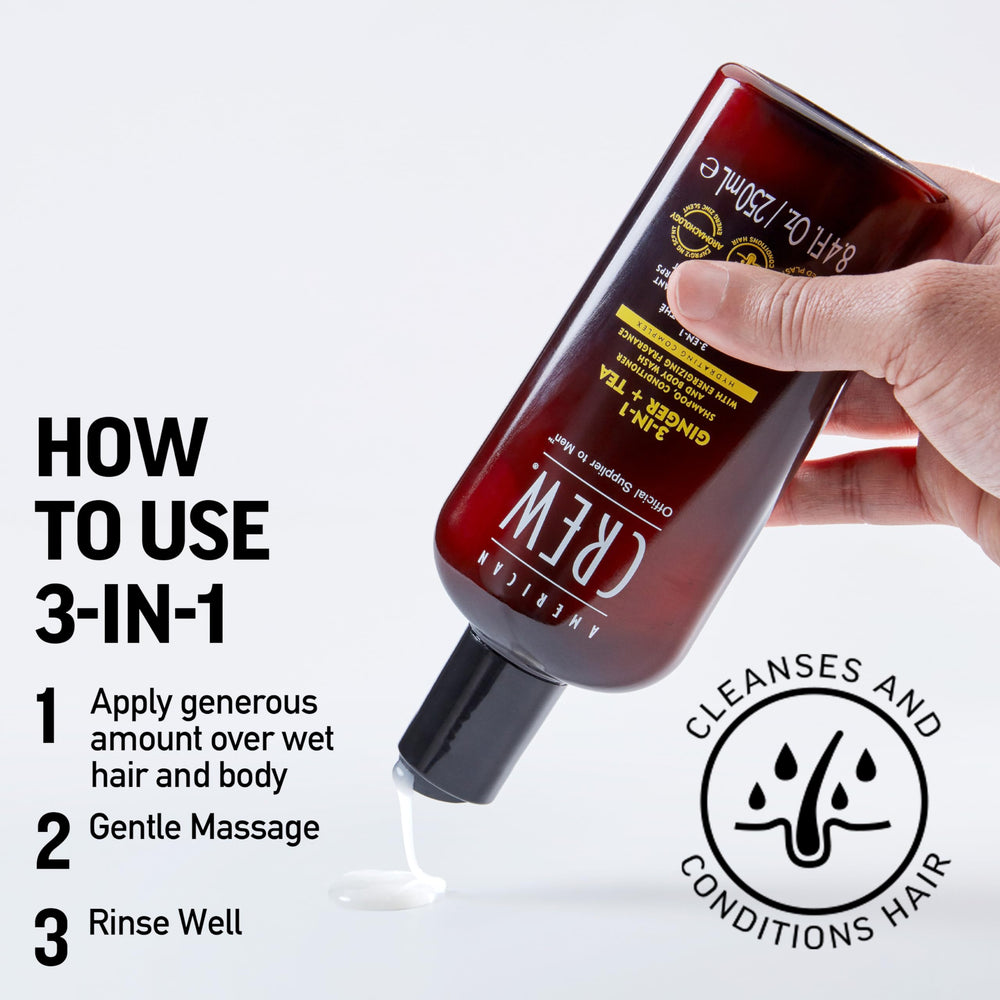 American Crew Ginger & Tea product in a mens grooming routine setup.