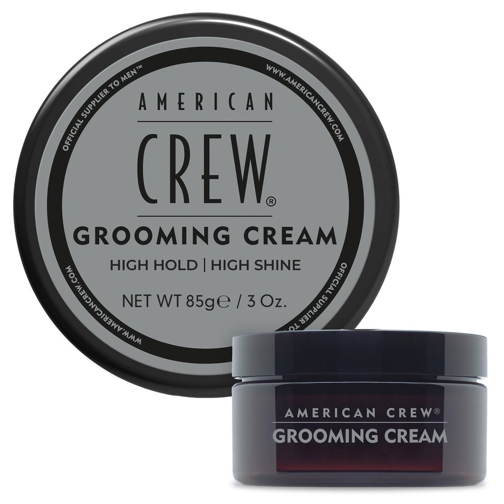 American Crew Grooming Cream bottle front with high hold and shine for sleek style.