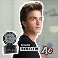 American Crew Grooming Cream bottle side view demonstrates compact grooming power.
