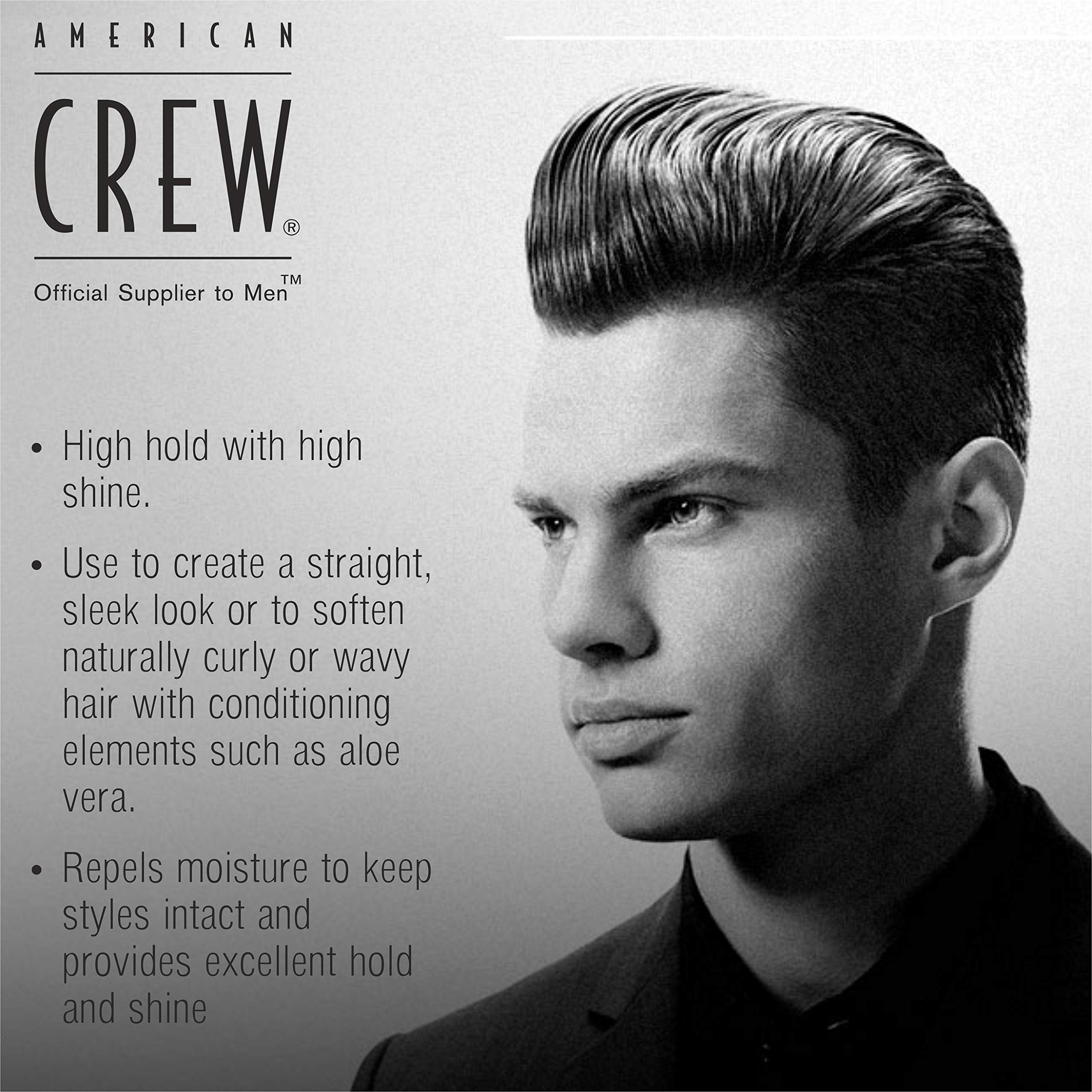 American Crew grooming cream demonstrates high hold and high shine finish.